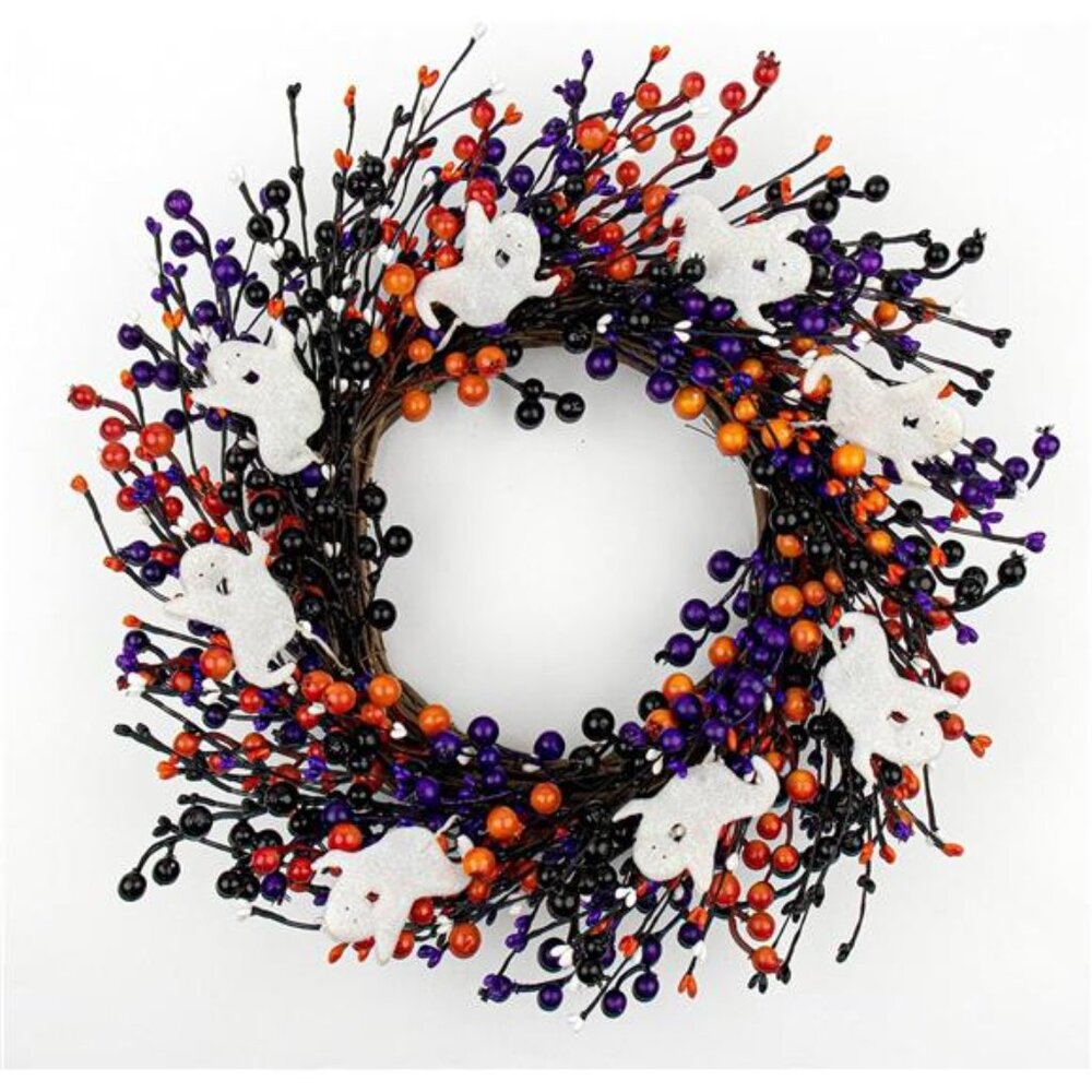20-Inch Halloweenβ Wreath - Handmade Orange & Black Berry Wreath with Adorable